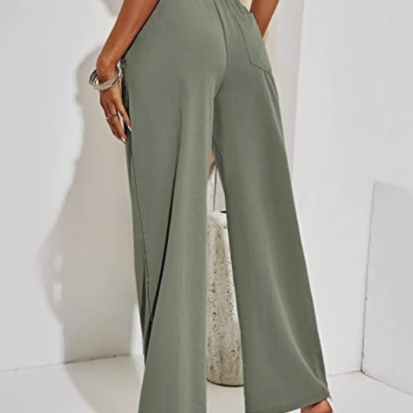 Women's Cotton Linen Pants Loose Elastic Waist Beach Trousers Size Large Olive - Picture 2 of 3